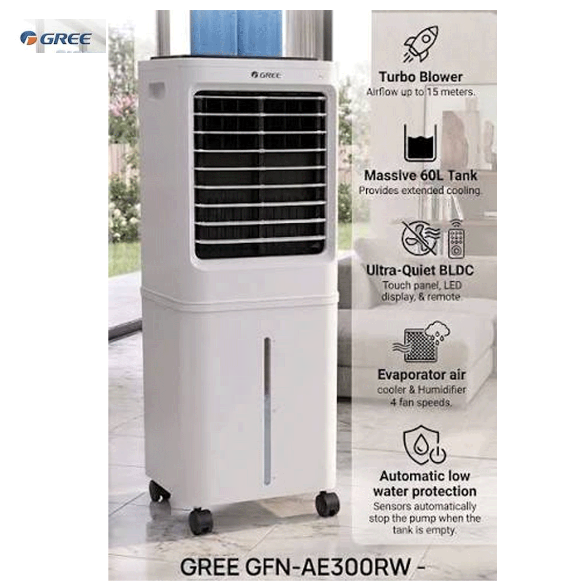 Gree GFN-AE300RW Evaporative Air Cooler 60L, 49ft Turbo Blower, Remote Controller