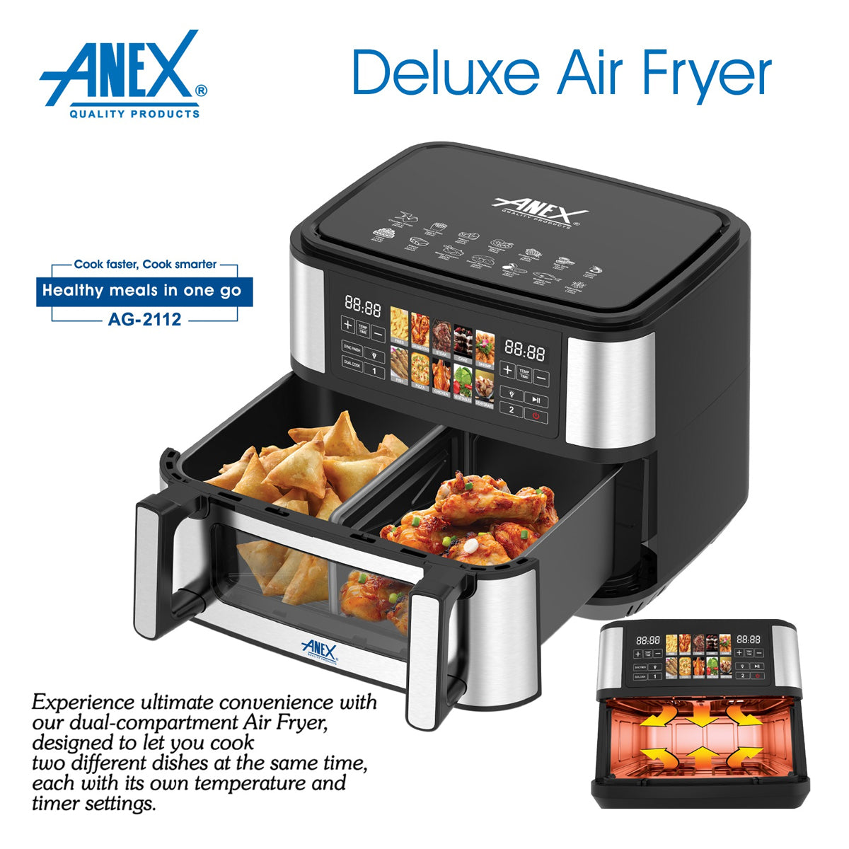 Anex AG-2112 Air Fryer Digital Big Icon Full Touch Panel with Dual Cooking Option - 10.5 Litre Capacity
