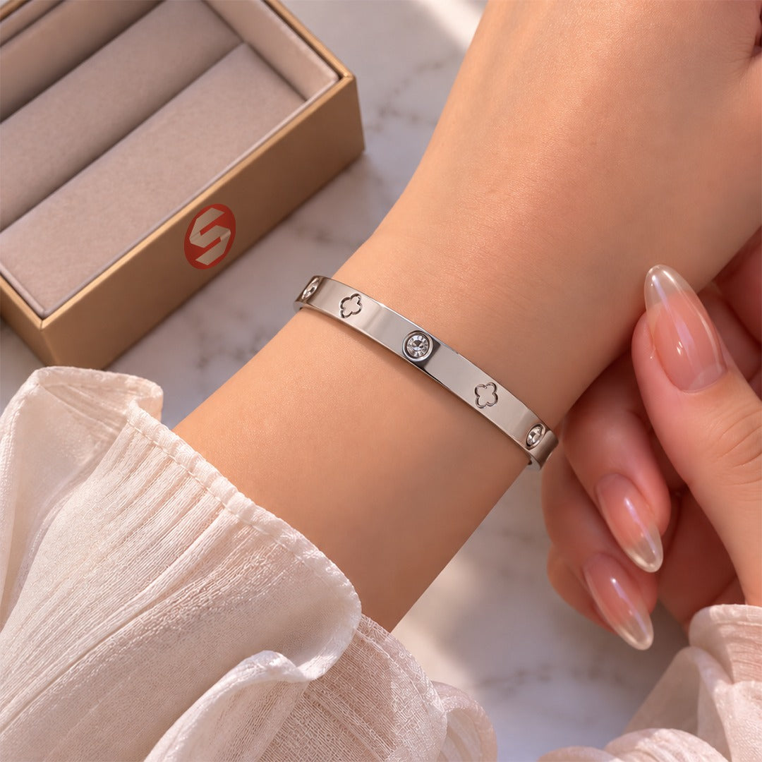 Imperial Clover & Bezel Crystal Silver Bangle