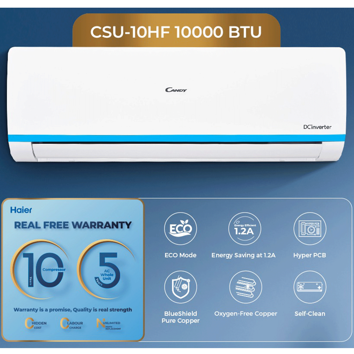 Candy - The Italian Style by Haier 0.75 Ton Heat and Cool DC Inverter - CSU-10HF- High Efficiency Inverter - Energy Saving - Eco-Environment