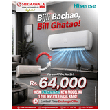 Promotional advertisement for a Hisense biolar AC split unit, showing the white indoor and outdoor units in a modern living room setting with blue airflow graphics and bold text offering a Rs. 64,000 deal.
