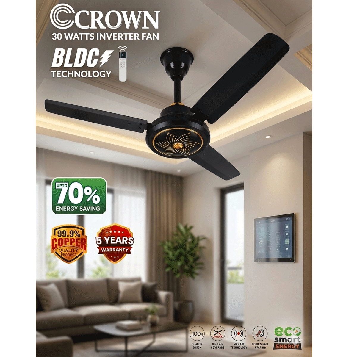 Crown 56" Fan 30W Inverter ECO Smart Series Upto 70% Energy Saving