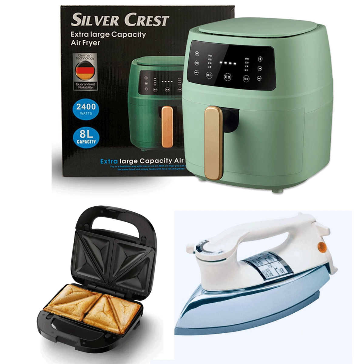 Silver Crest Digital LCD 8L Multifunctional Air Frye - Random Color + Premium Iron + Premium Sandwich Maker