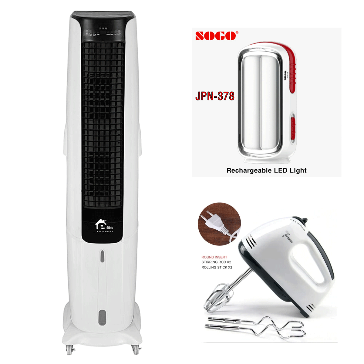 E-lite Evaporative Air Cooler EAC-70 + Sogo Rechargeable Light JPN-378 + Premium Egg Beater