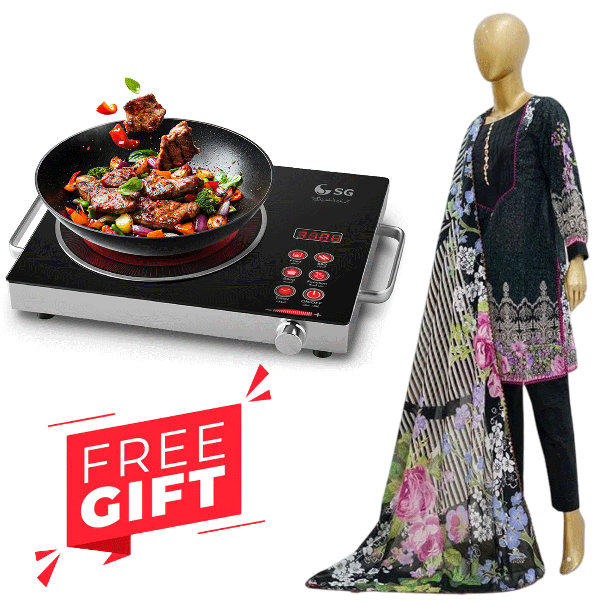 SG Professional Infrared Cooker 8019 - LED Display & Micro Crystal Plate +  Free Surmawala Lawn | Printed Fabric 3 Piece Unstitched Collection