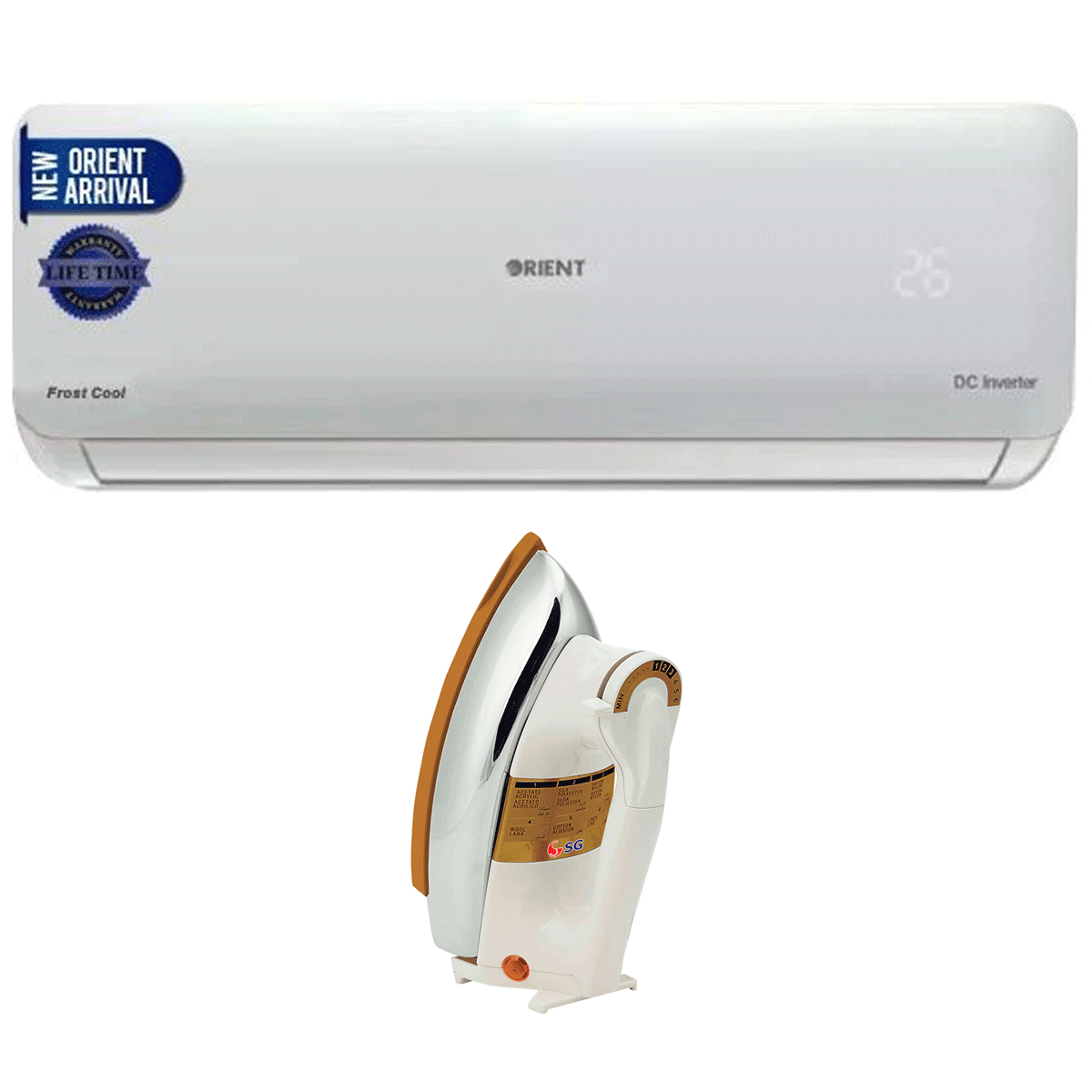 Orient Air Conditioner 1.5 Ton - 18G Frost Inverter + SG Automatic Dry Iron 22AW (Random Color)