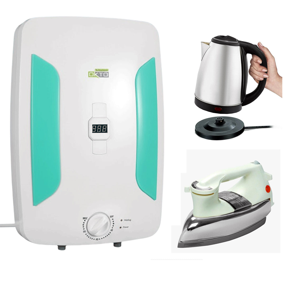 Okto Instant Electric Geyser - 12 LTR + Premium Iron + Premium Electric Kettle