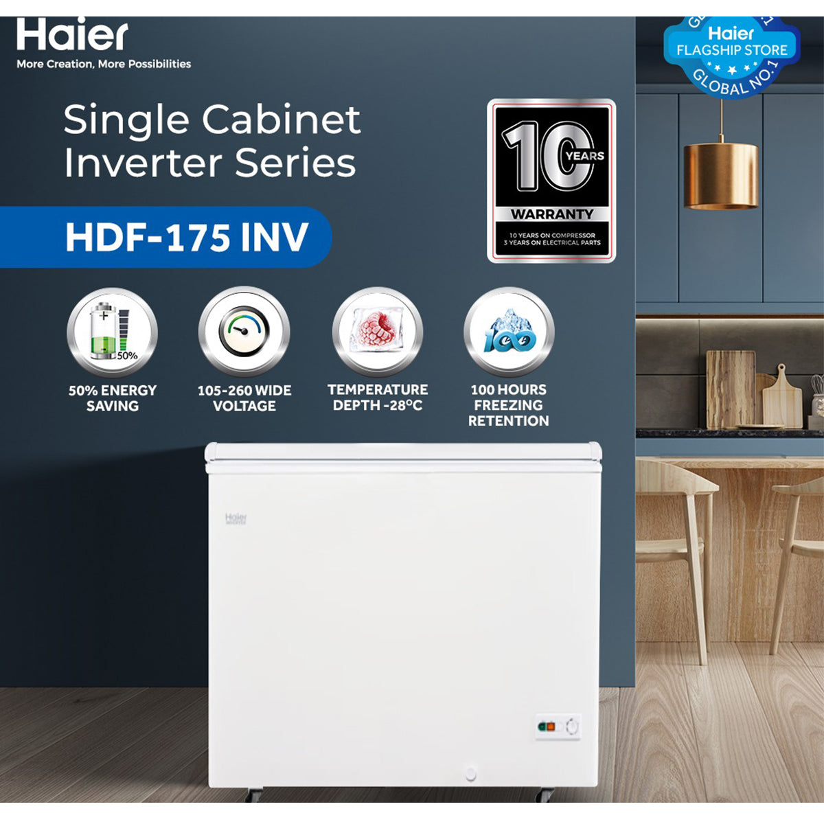 Haier Single Door Deep 175 liter (6.2 CF) Inverter HDF-175INV Freezer | White