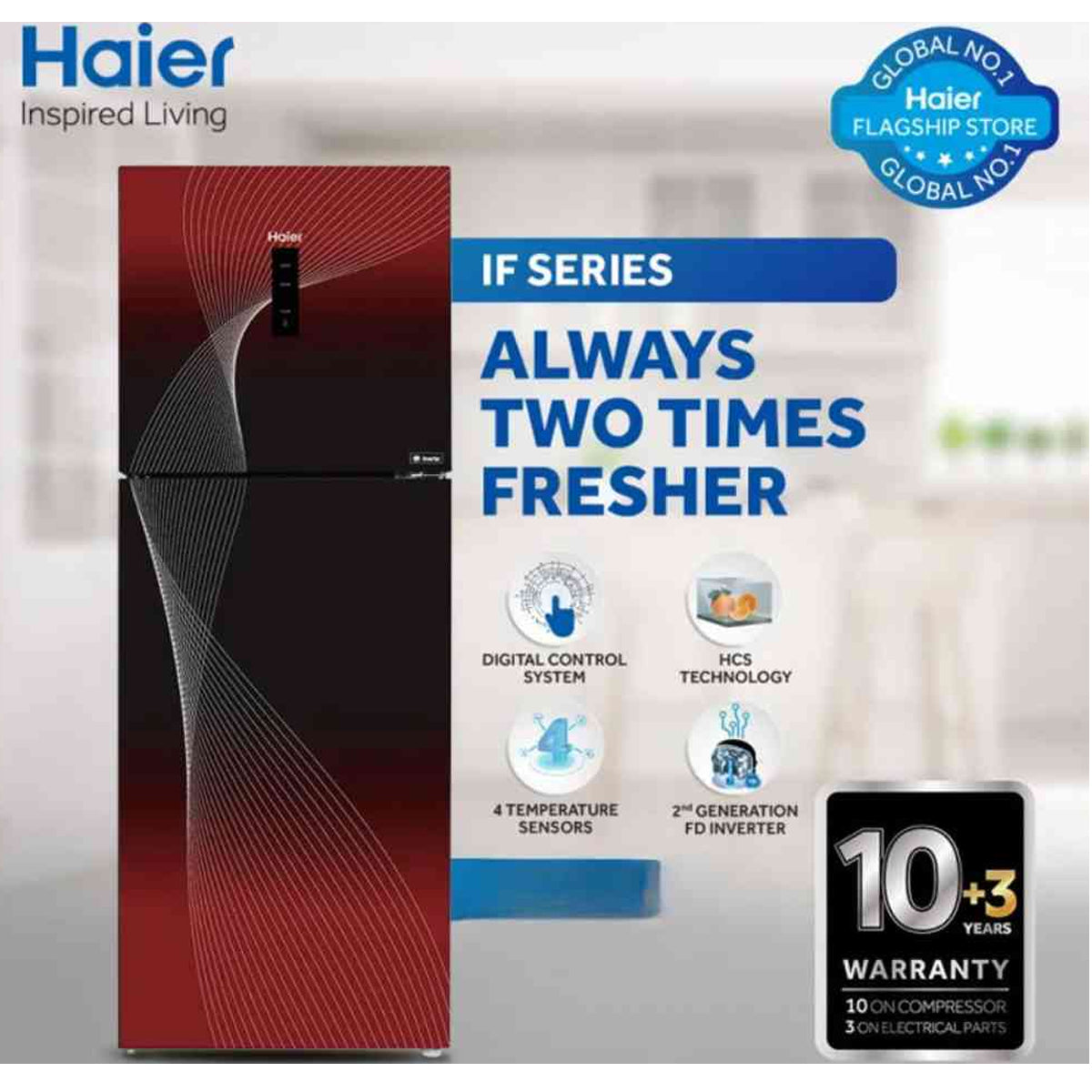 Haier Refrigerator Digital Inverter HRF-398 IFPA/GA/RA 14 Cu Ft-(Fresher & HCS Technology+Digital Control Panel+4 Temperature Sensors+ABT Technology+Inverter Compressor+Glass Door) Refrigerator