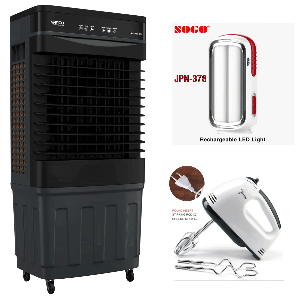 Hanco Inverter Air Cooler – Model HRC-1100 INV  + Sogo Rechargeable Light JPN-378 + Premium Egg Beater