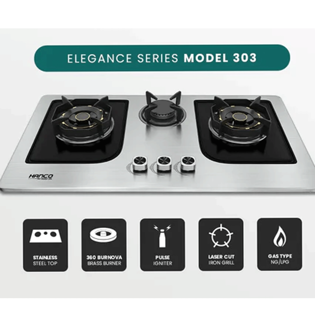 HANCO Hob Model 303 - Elegance Series - Burnova Brass Burners - Auto Ignition Stove - Latest Model