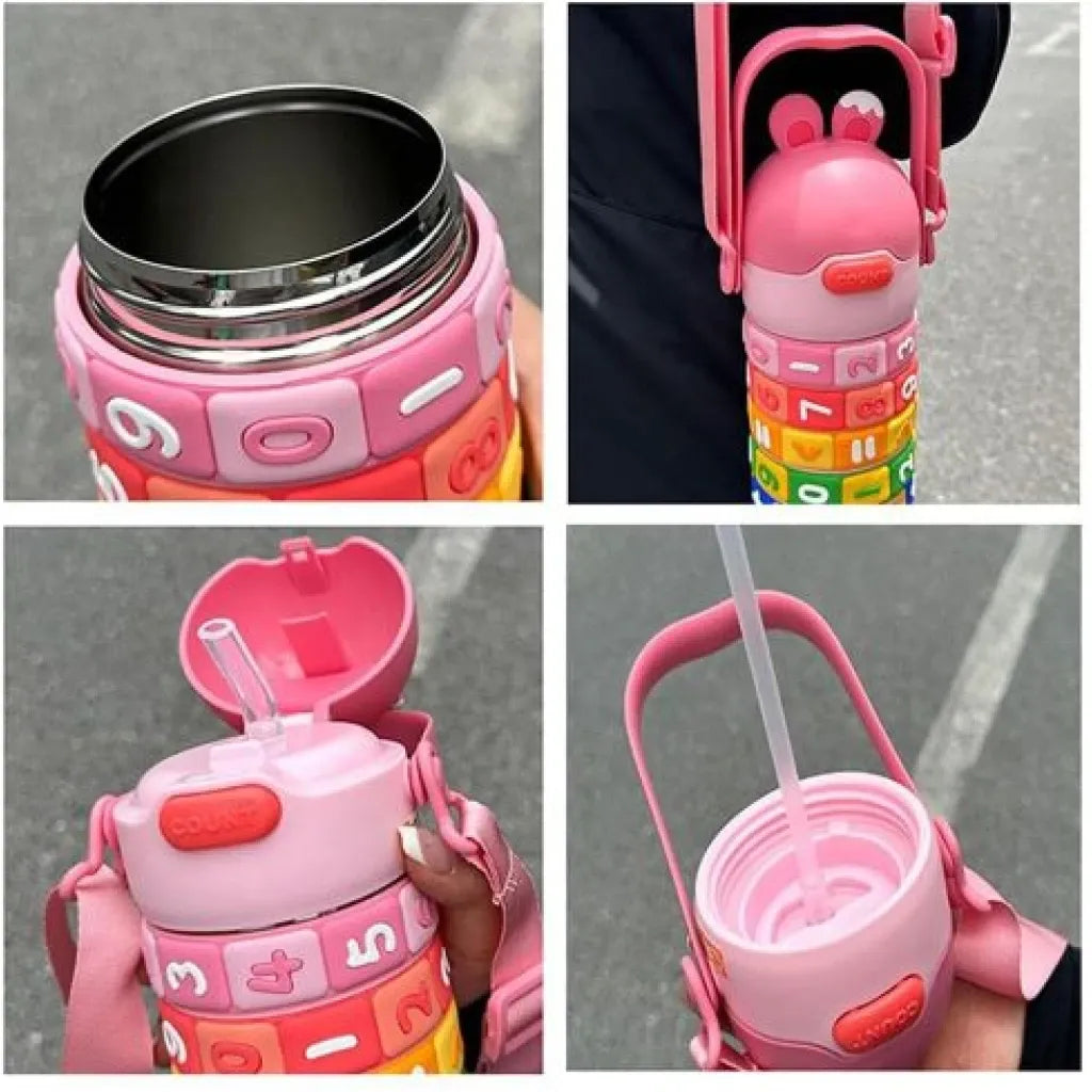 430ml Kids Rabbit Water Bottle With Silicone Straw wtih interactive Math and Number Widgets