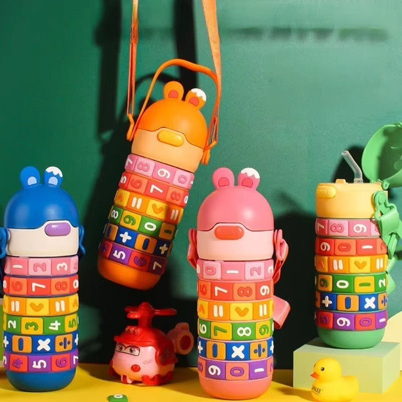 430ml Kids Rabbit Water Bottle With Silicone Straw wtih interactive Math and Number Widgets