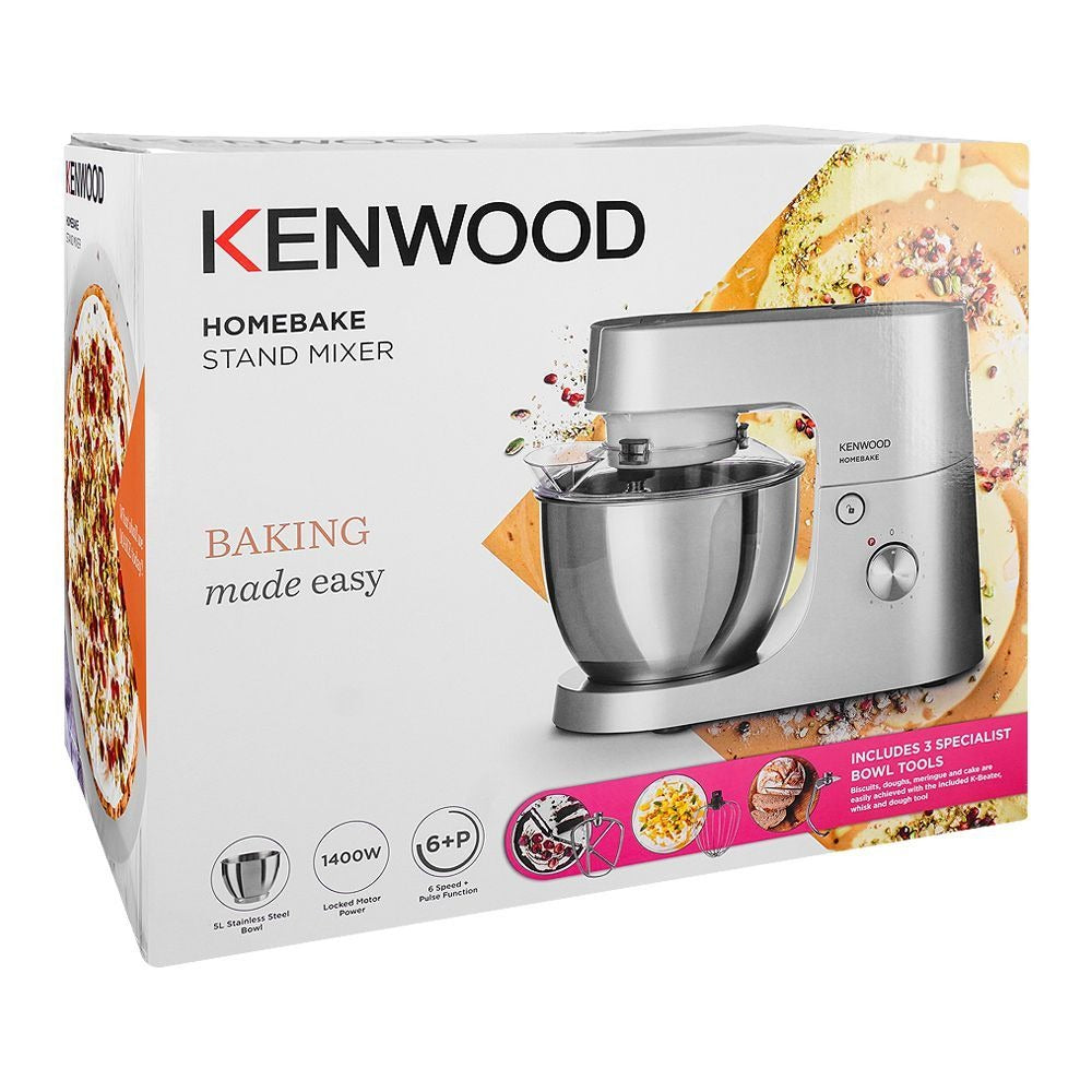 KENWOOD Stand Mixer Kitchen Machine HOMEBAKE 1400W with 5.0L Stainless Steel Bowl, K-Beater, Whisk, Dough Hook, KHH01.000SI Silver