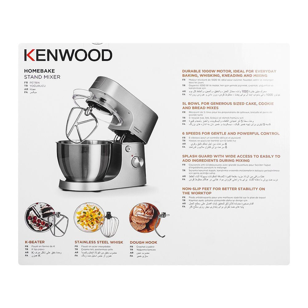KENWOOD Stand Mixer Kitchen Machine HOMEBAKE 1400W with 5.0L Stainless Steel Bowl, K-Beater, Whisk, Dough Hook, KHH01.000SI Silver