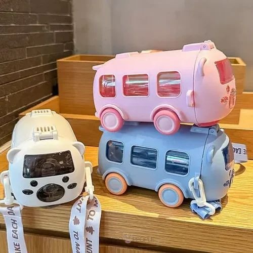 Cute Bear Baby Bus Sipper Water Bottle With Straw And Straps - 500ml