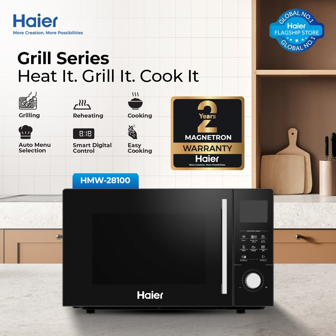 Haier 28L - HMW-28100 - Digital Grill Microwave Oven (Defrost Function - Multi Cooking Function - Cooking end signal)
