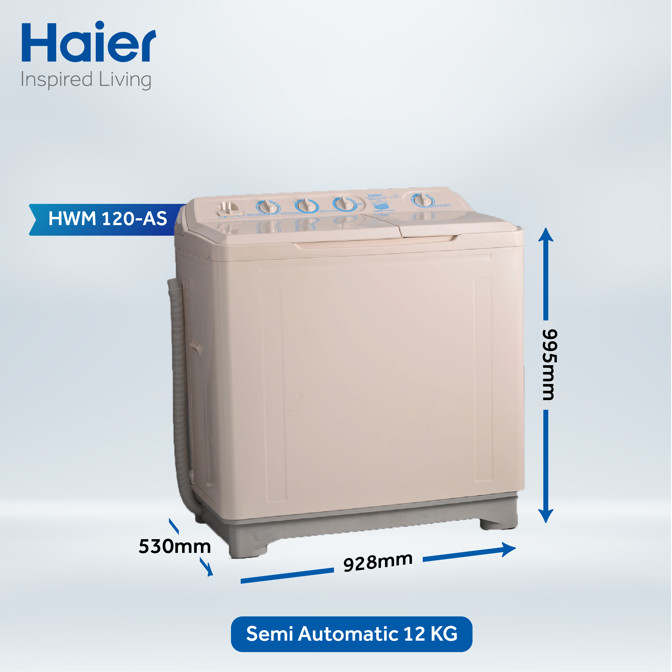 Haier Washing Machine | Model HWM- 120-AS | Capacity 12 KG Jumbo Size | Semi Automatic Washing Machine
