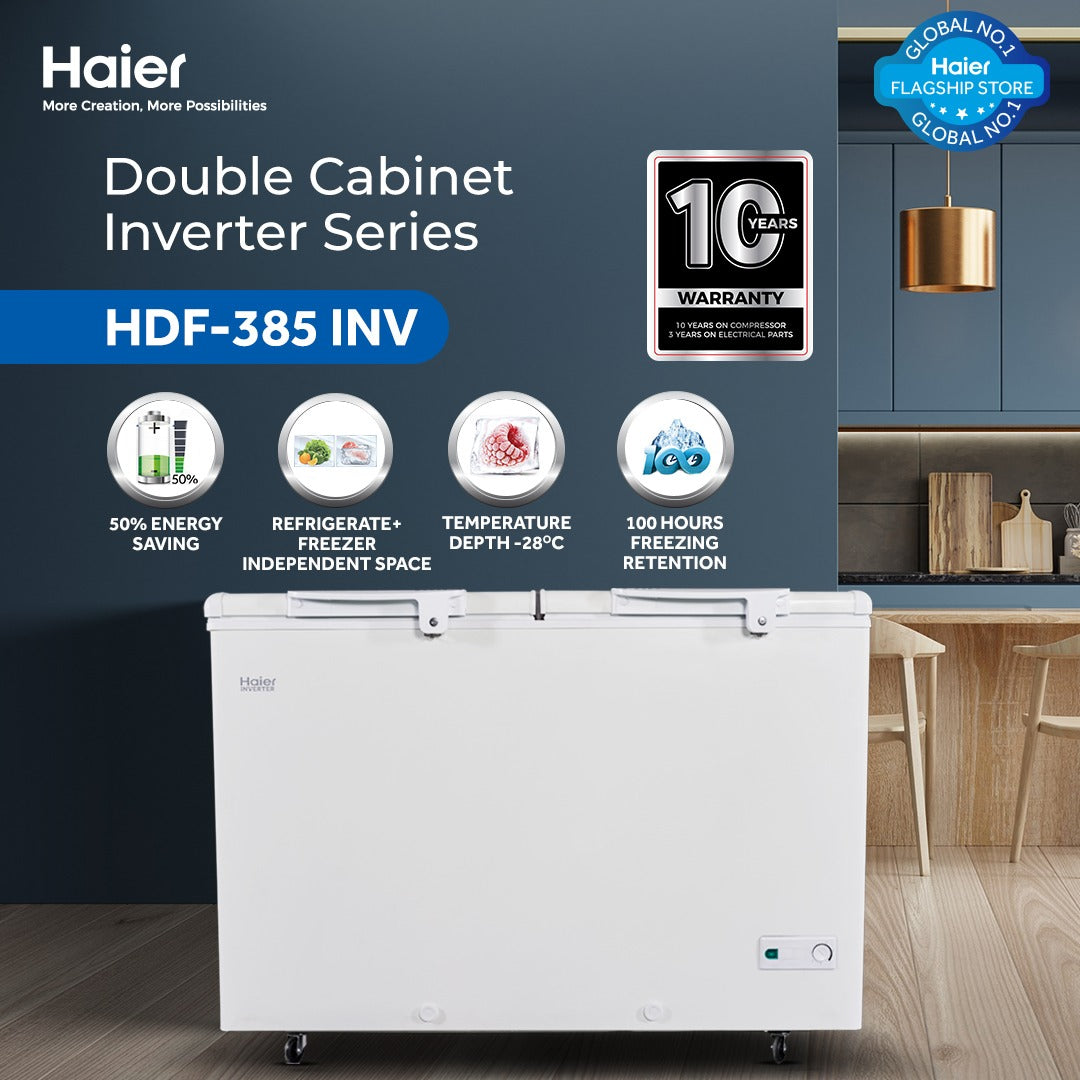 Haier HDF-385I Inverter Double Door Series ( Inverter + Balanced Cooling + Super Freeze Function + Twin Cabinet ) Deep Freezer - 13.60 Cu Ft