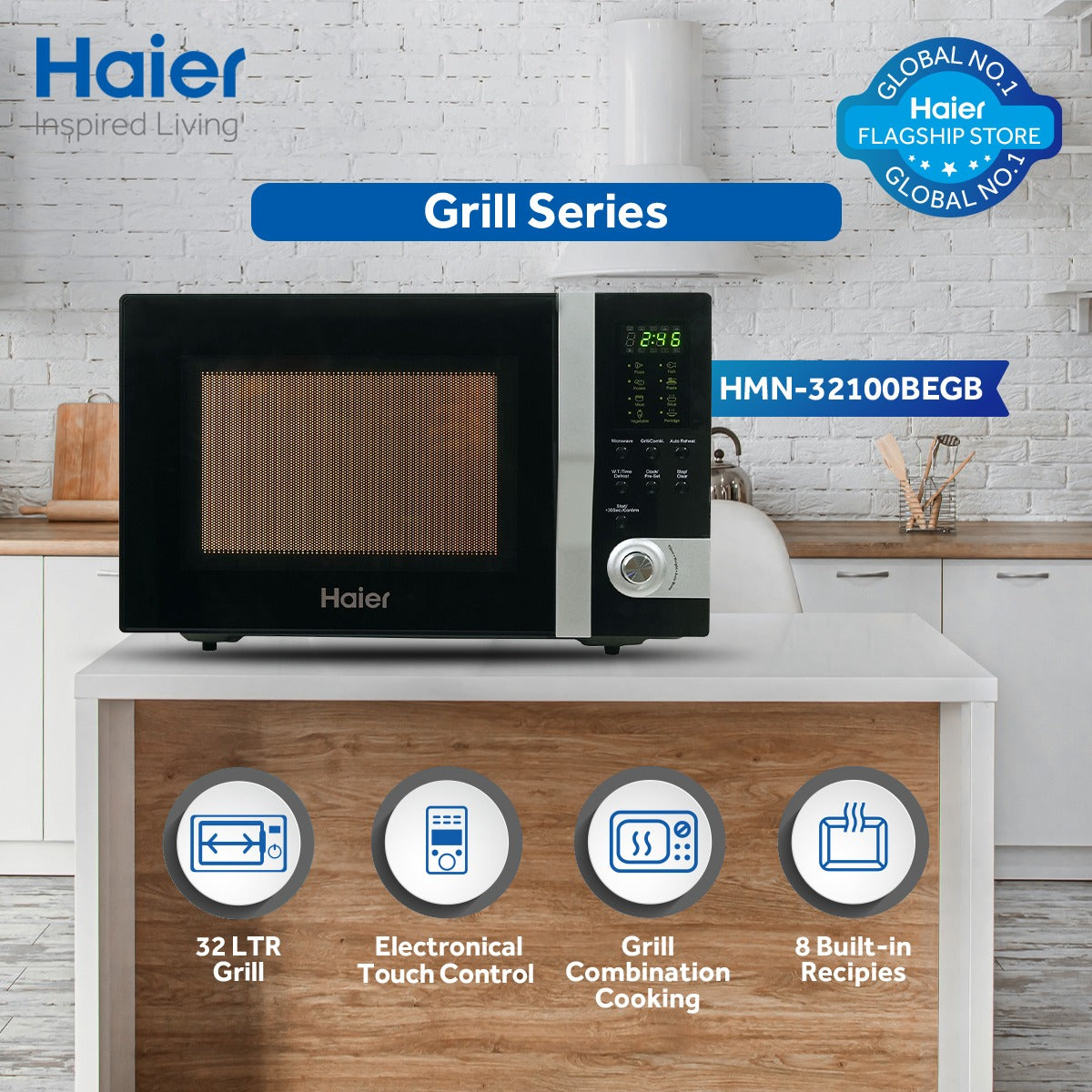 Haier 32L Grill HMN-32100BEGB (Large Capacity + Touch Press + Internal Light + Pull Handle Door) Microwave Oven