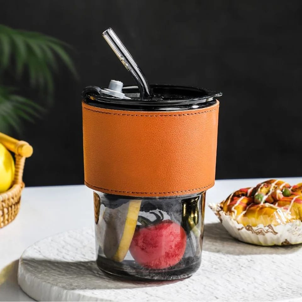 Glass Tumbler with Straw, Lid & Leather Sleeve