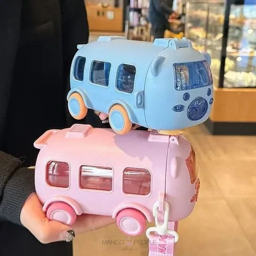 Cute Bear Baby Bus Sipper Water Bottle With Straw And Straps - 500ml