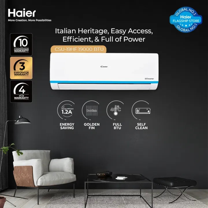 Candy - The Italian Style by Haier 1.5 Ton Heat & Cool DC Inverter Air Conditioner - CSU -19HF - High Efficiency Inverter - Energy Saving - Eco-Environment