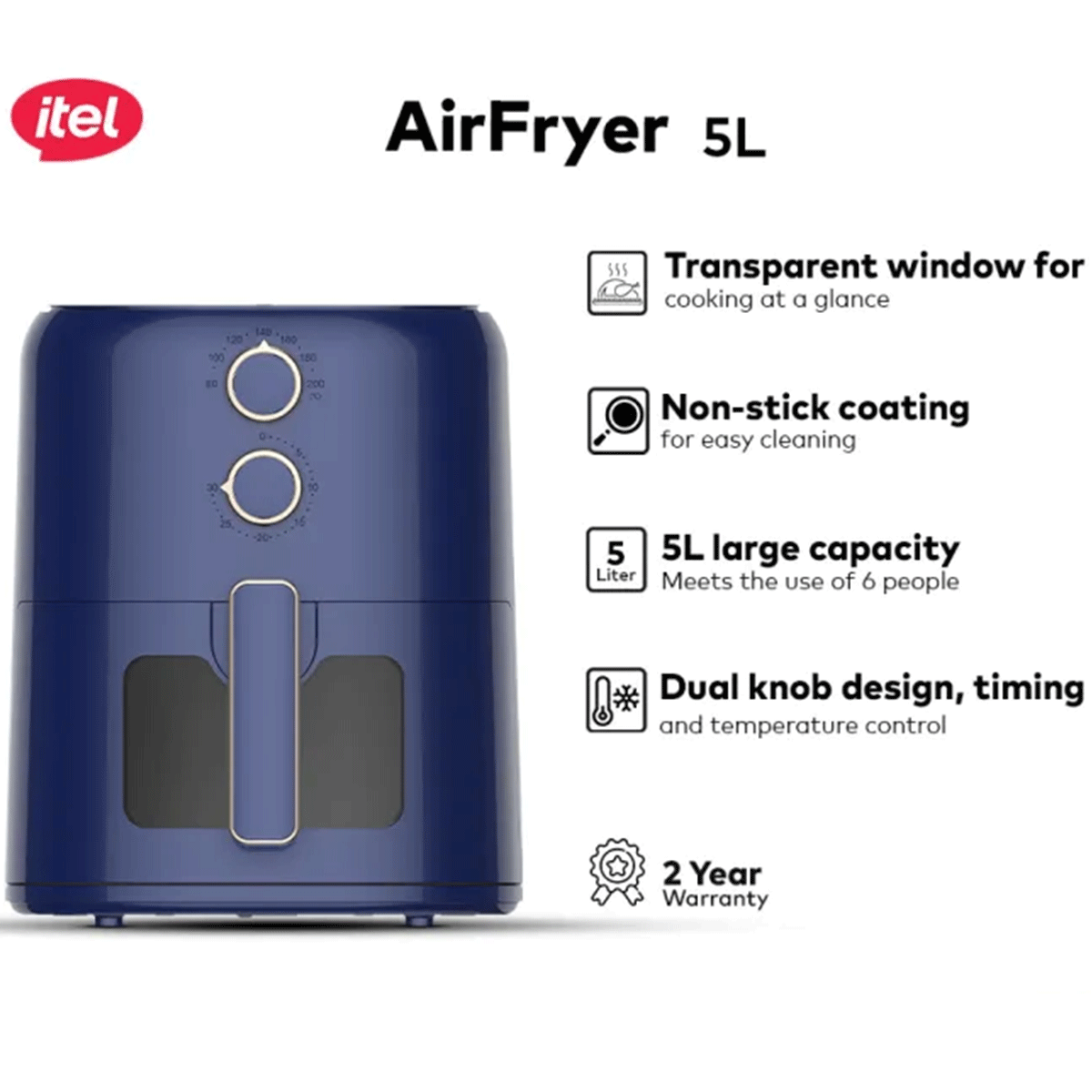 Itel Air Fryer IAF-001 | 5L Capacity | Deep Blue | Rapid Hot Air Technology | Oil-Free Cooking | Easy to Clean | Digital Touch Control | 2 Year Warranty