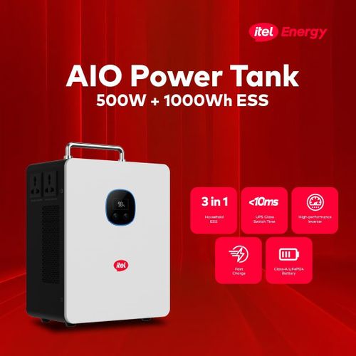 Itel Power Tank 500W Solar Generator 1000Wh Lithium Power Station (IESS-05K10N) | LiFePO4 Battery, 400W MPPT, Fast Charging Backup Power