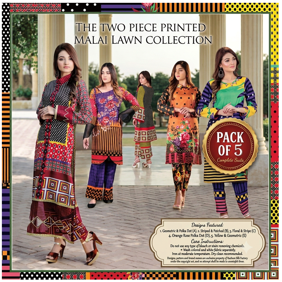 5 Pcs Two Piece Printed Malai Lawn Suit Collection – Women's Unstitched Dress Bundle