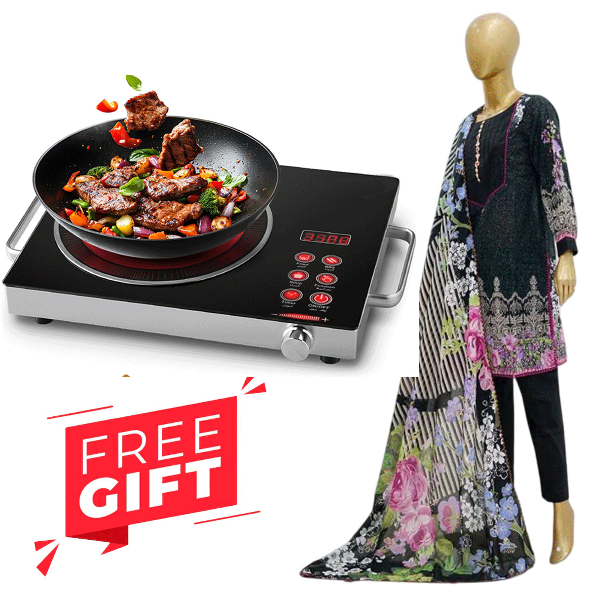 High Quality Professional Infrared Ceramic Cooker +  Free Surmawala Lawn | Printed Fabric 3 Piece Unstitched Collection