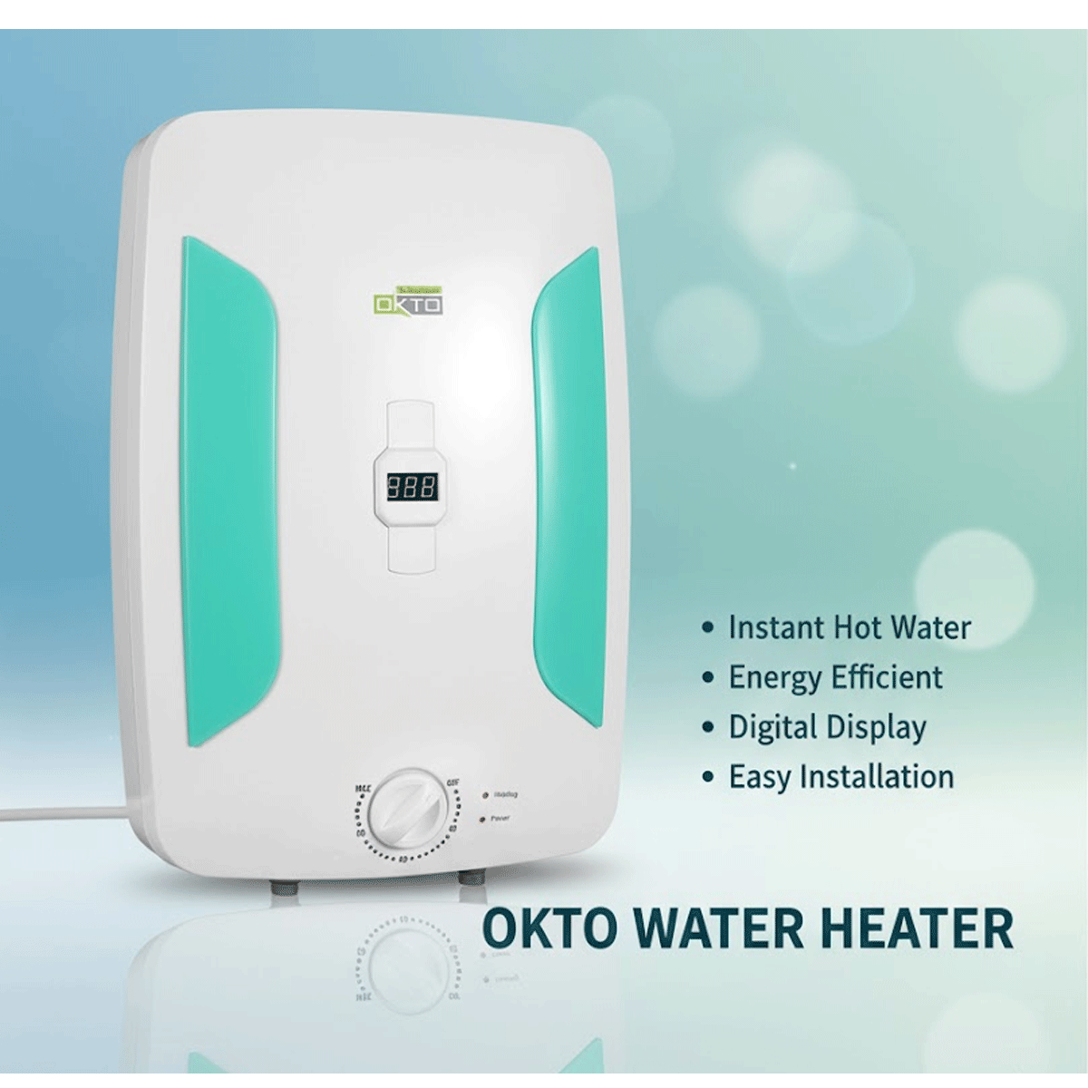 OKTO water heater with green accents on a light blue background