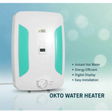 OKTO water heater with green accents on a light blue background