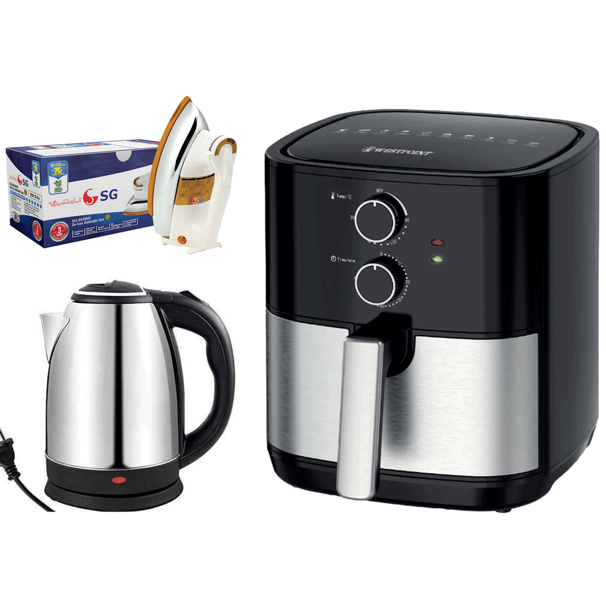 Westpoint Deluxe Air Fryer WF-5253 + SG 88AWG/99AWS Deluxe Automatic Iron + Premium Electric Kettle