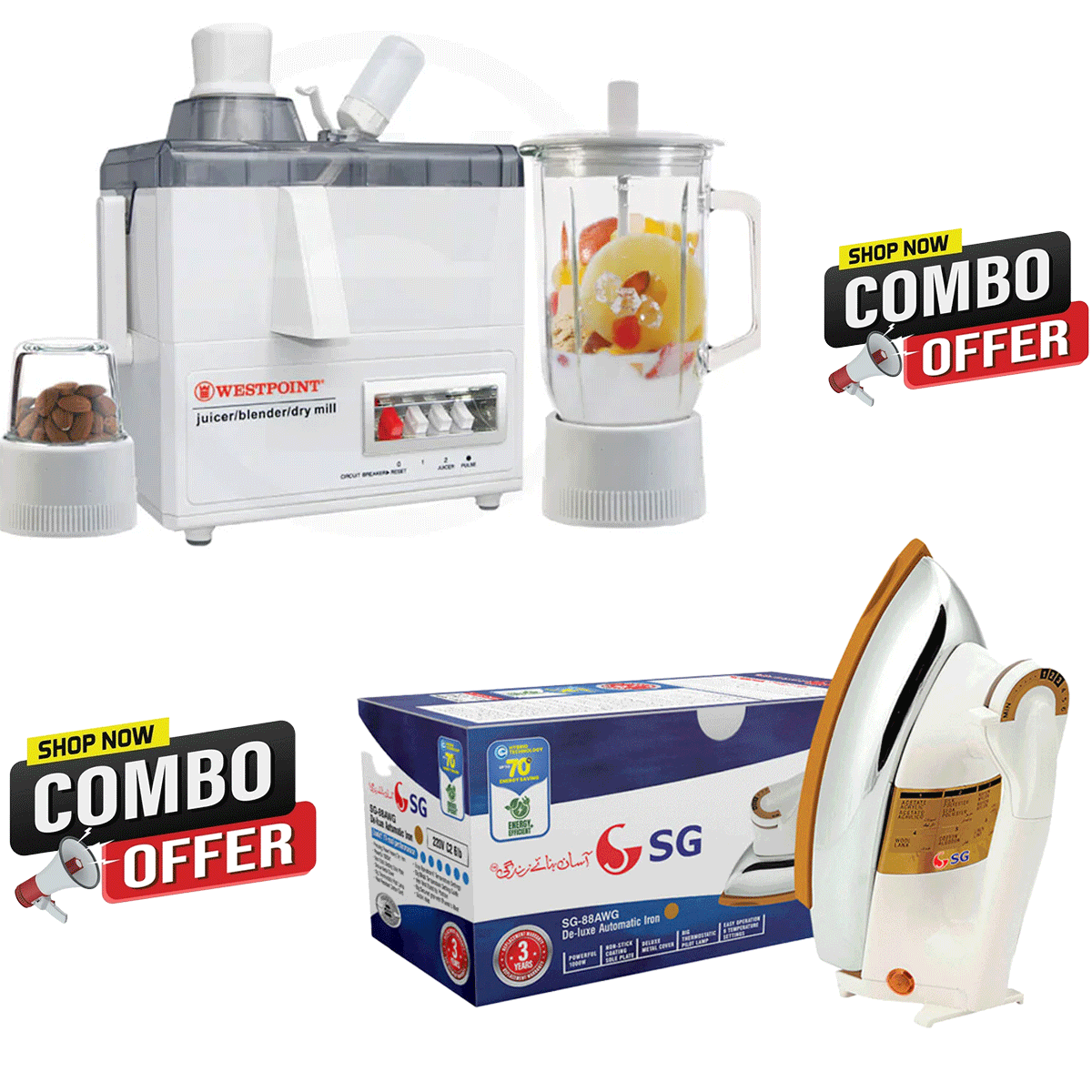 Westpoint 3 in 1 Juicer Maker  and  Blender WF-8813 + SG Deluxe Automatic Iron