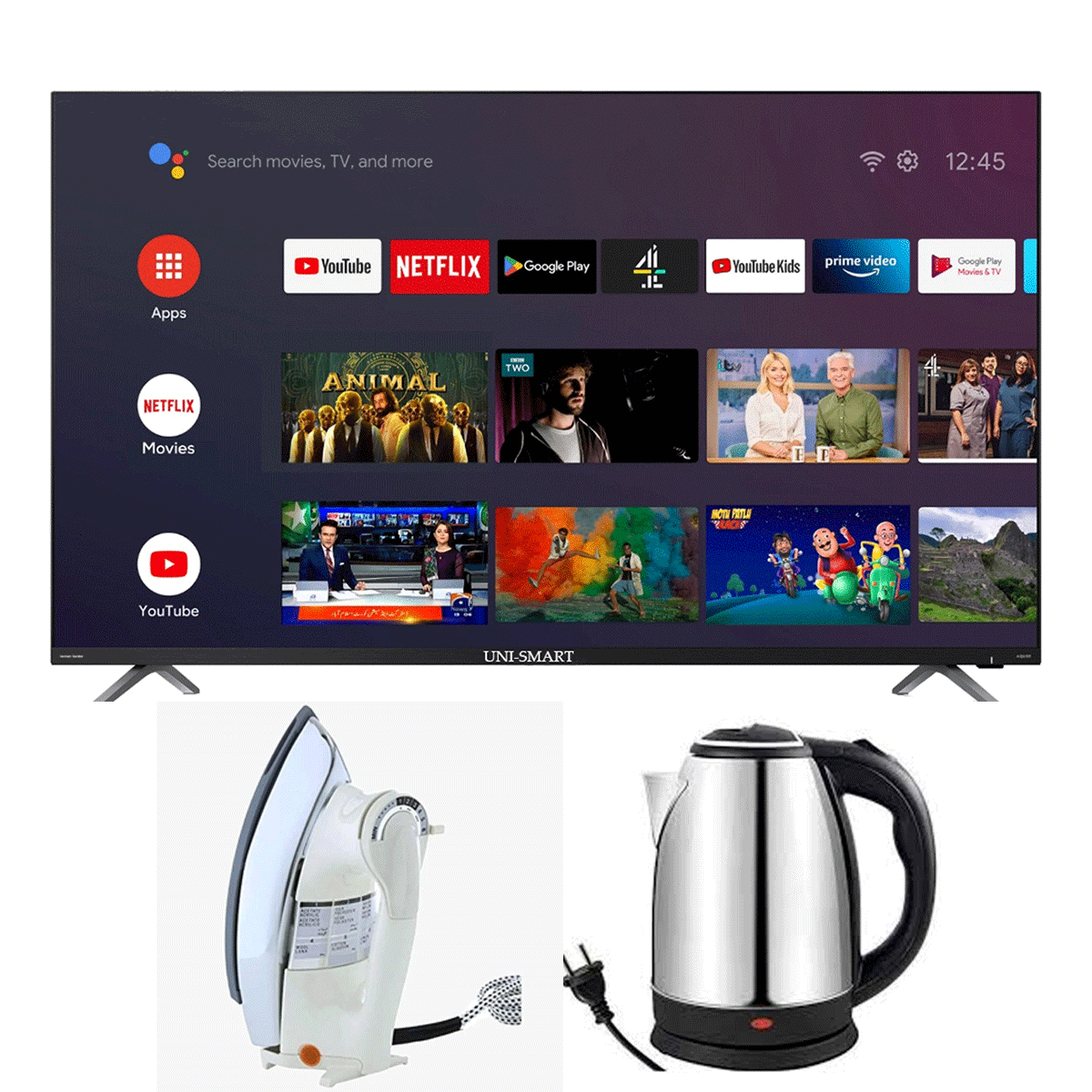 UNI-SMART Android 22 Inch Full LED TV HD + Premium Electric Kettle + Premium Iron