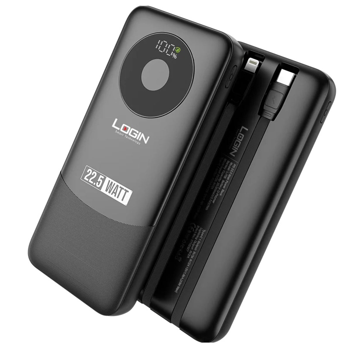 Login L-709 Voltra | 10000mAh 22.5W | Attached Cable PD & Lightning - Black