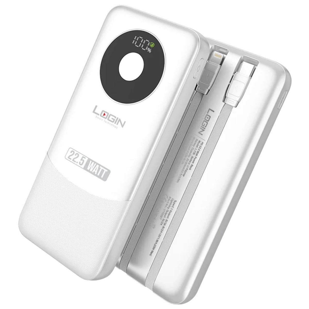Login L-709 Voltra | 10000mAh 22.5W | Attached Cable PD & Lightning - White