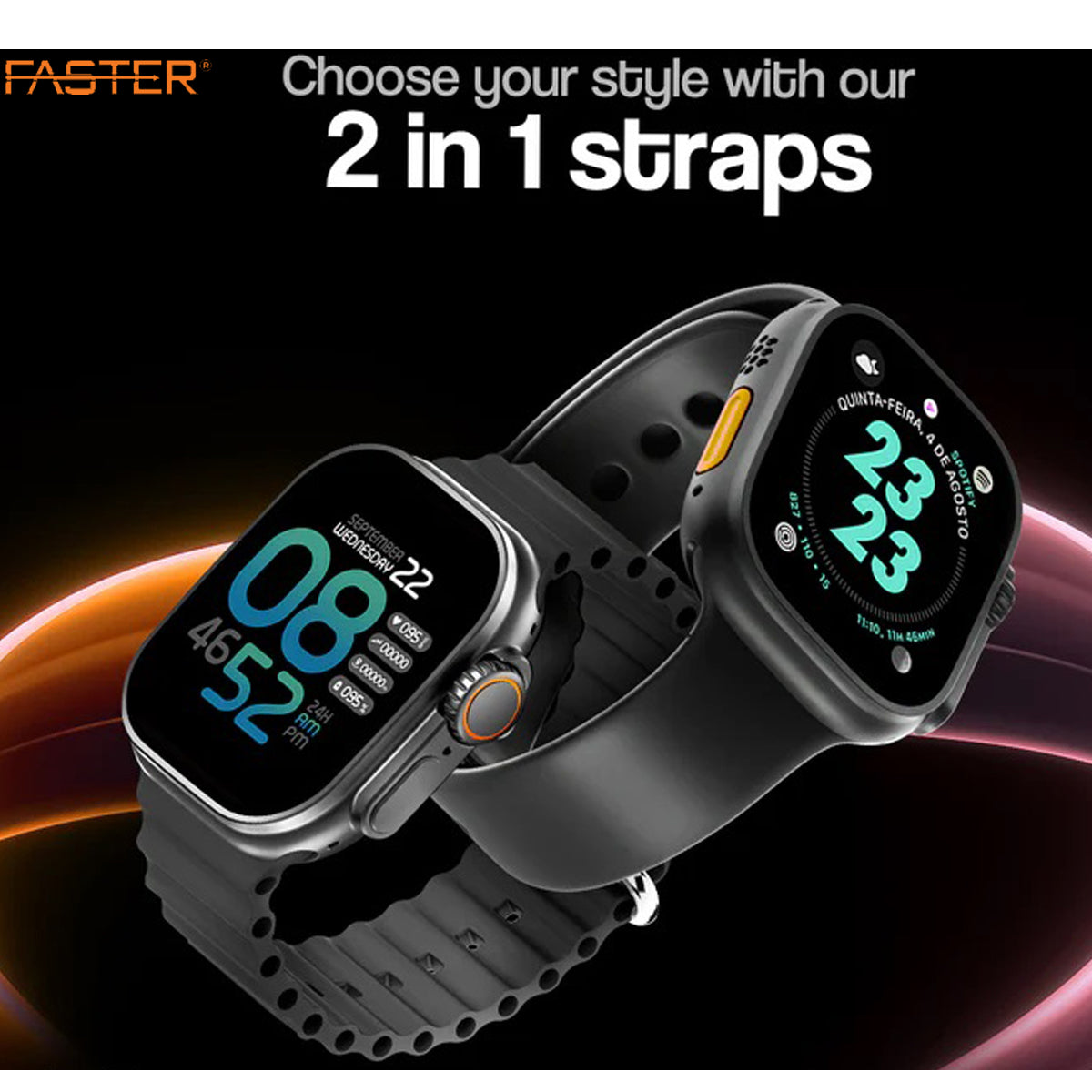 Faster NERV Watch Ultra - 2 Straps: Black + Black Silicon