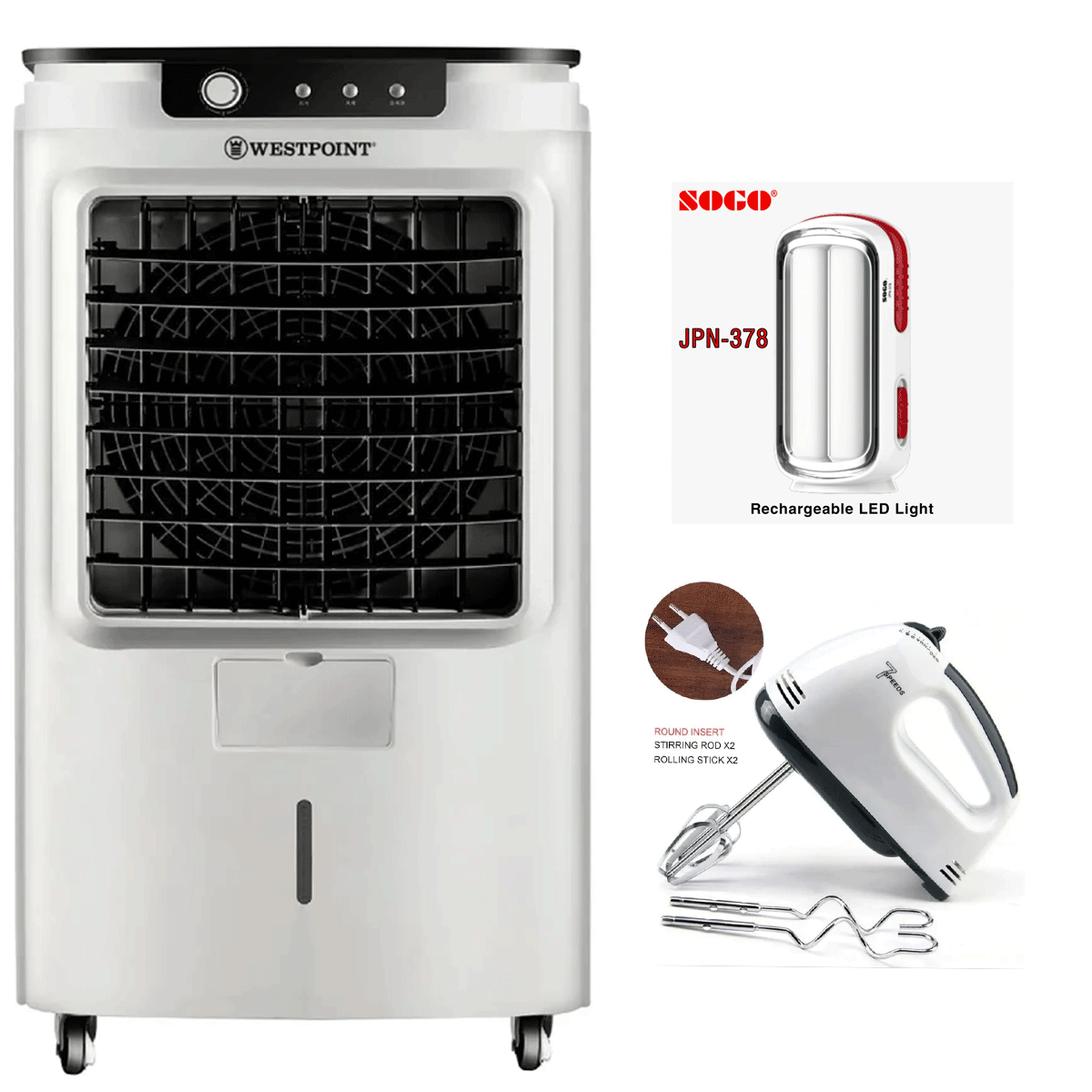 Westpoint Deluxe Evaporative Air Cooler WP-1304 + Sogo Rechargeable Light JPN-378 + Premium Egg Beater