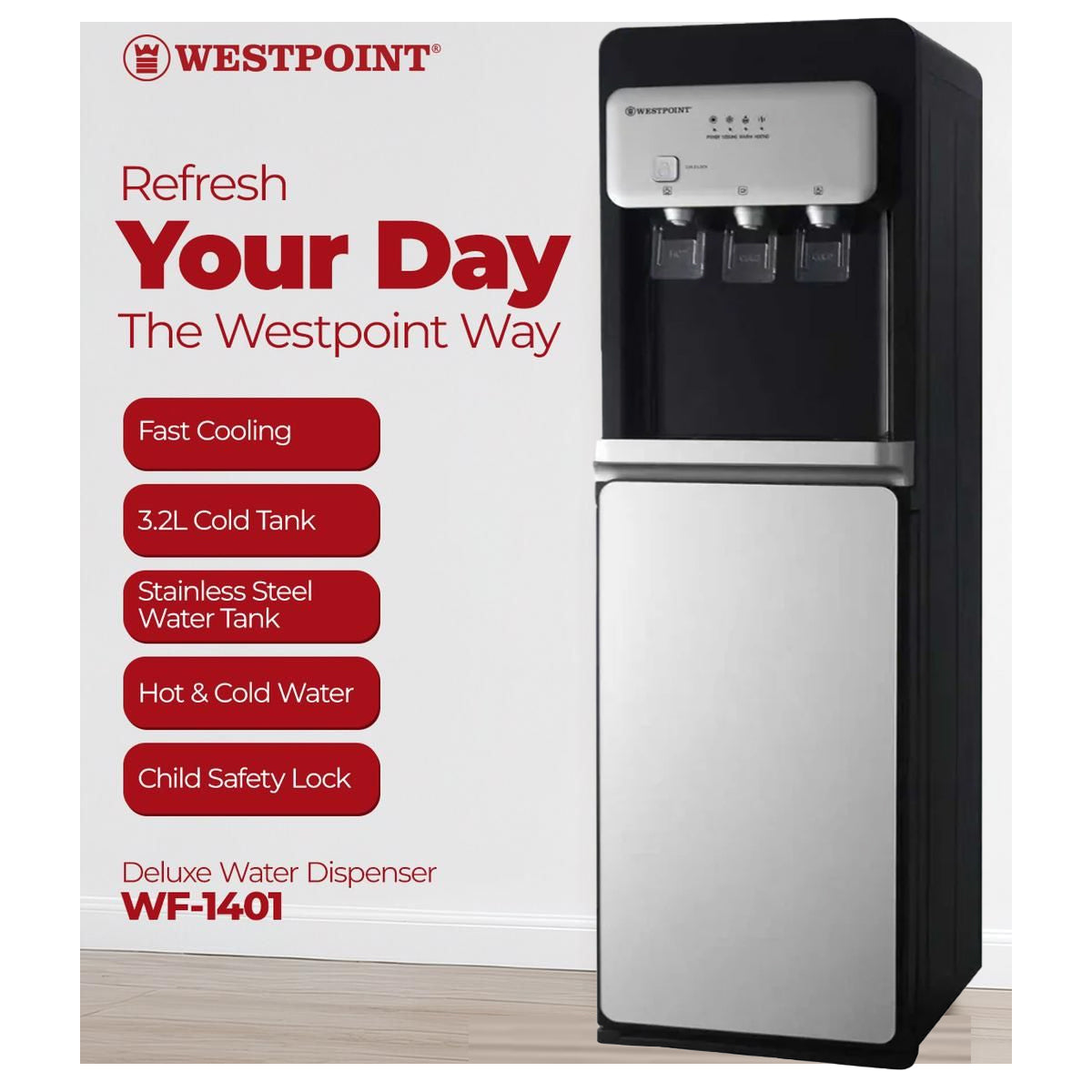 Westpoint Deluxe Water Dispenser WF-1401 + SG 88AWG/99AWS Deluxe Automatic Iron
