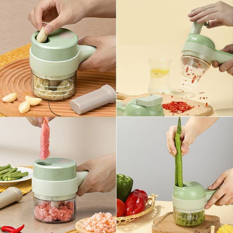 4 in 1 Portable Electric Vegetable Cutter Set, Wireless Food Processor Handheld Food Chopper with Brush and Skin-peeler, Wireless Food Processor Garlic Slicer for Pepper Chili Onion Celery Meat
