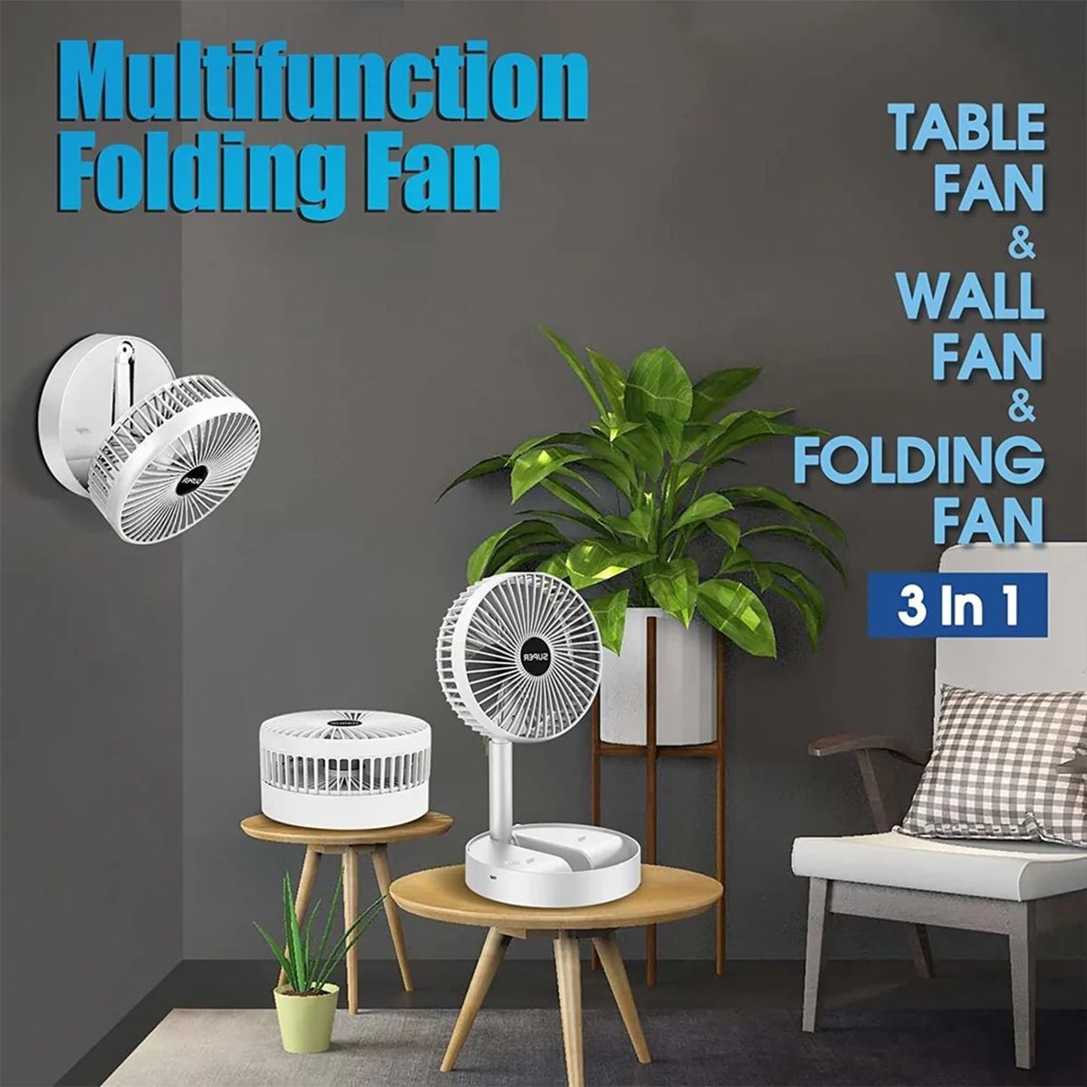 Portable Fan Rechargeable, Stand  and  Table fan Folding Telescopic  and  Adjustable Height for Office Home Outdoor Camping