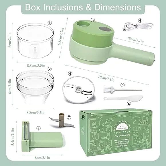 4 in 1 Portable Electric Vegetable Cutter Set, Wireless Food Processor Handheld Food Chopper with Brush and Skin-peeler, Wireless Food Processor Garlic Slicer for Pepper Chili Onion Celery Meat