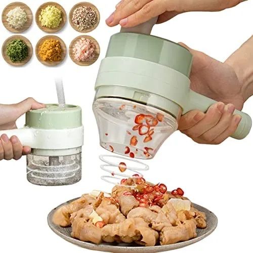 4 in 1 Portable Electric Vegetable Cutter Set, Wireless Food Processor Handheld Food Chopper with Brush and Skin-peeler, Wireless Food Processor Garlic Slicer for Pepper Chili Onion Celery Meat