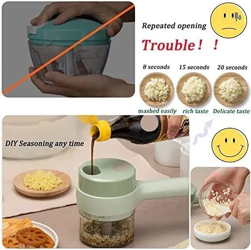 4 in 1 Portable Electric Vegetable Cutter Set, Wireless Food Processor Handheld Food Chopper with Brush and Skin-peeler, Wireless Food Processor Garlic Slicer for Pepper Chili Onion Celery Meat