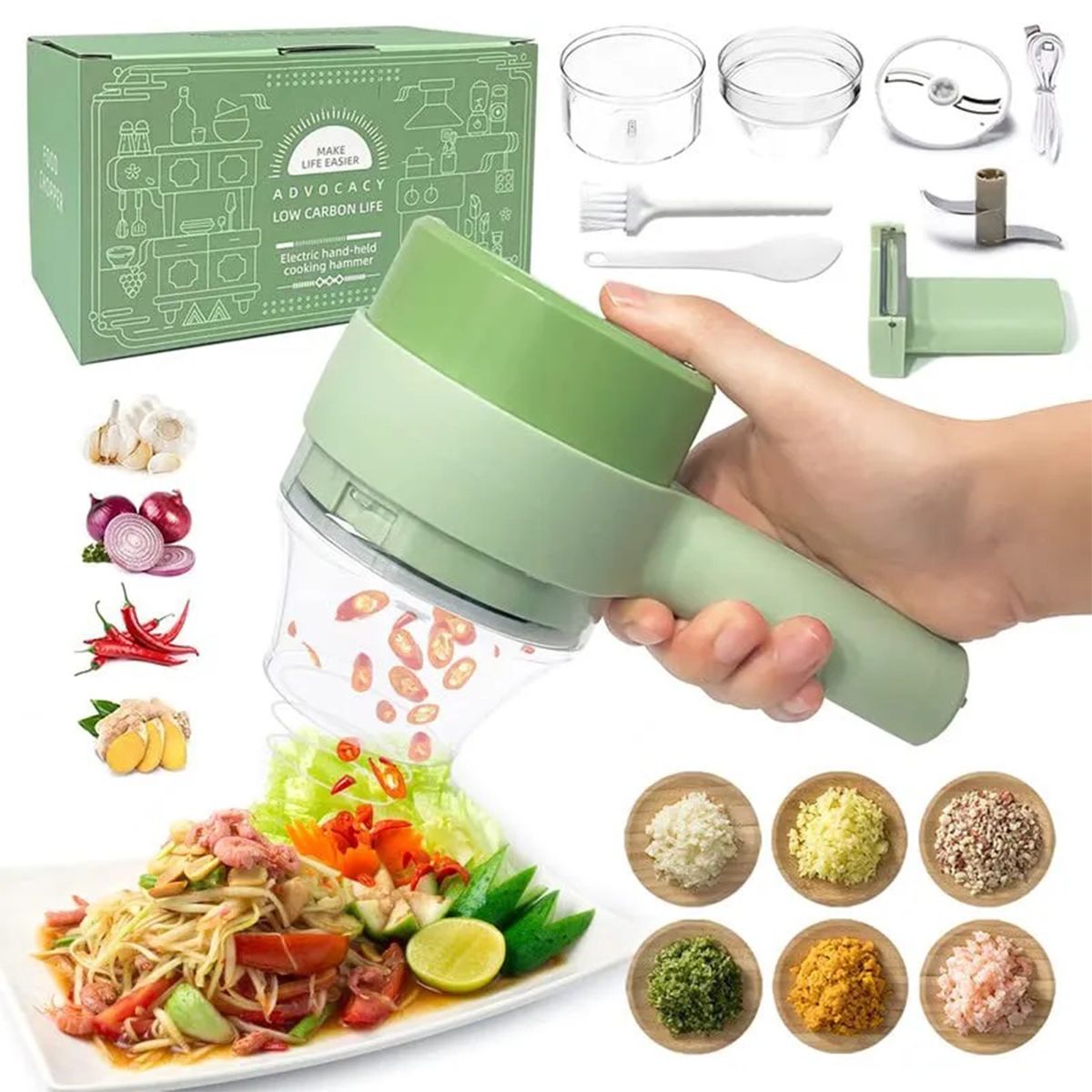 4 in 1 Portable Electric Vegetable Cutter Set, Wireless Food Processor Handheld Food Chopper with Brush and Skin-peeler, Wireless Food Processor Garlic Slicer for Pepper Chili Onion Celery Meat
