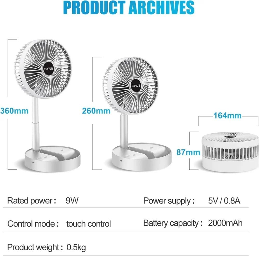 Portable Fan Rechargeable, Stand  and  Table fan Folding Telescopic  and  Adjustable Height for Office Home Outdoor Camping